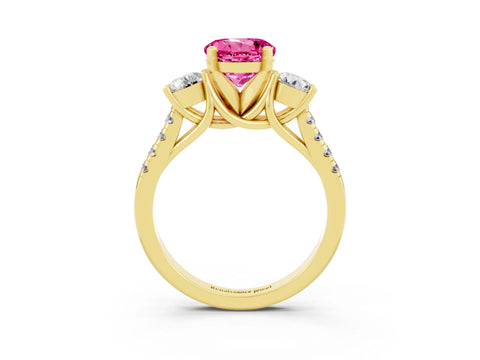 Yellow gold Three-Stone Round Cut Pink Sapphire Pavé Band with Four-Prong Setting_27