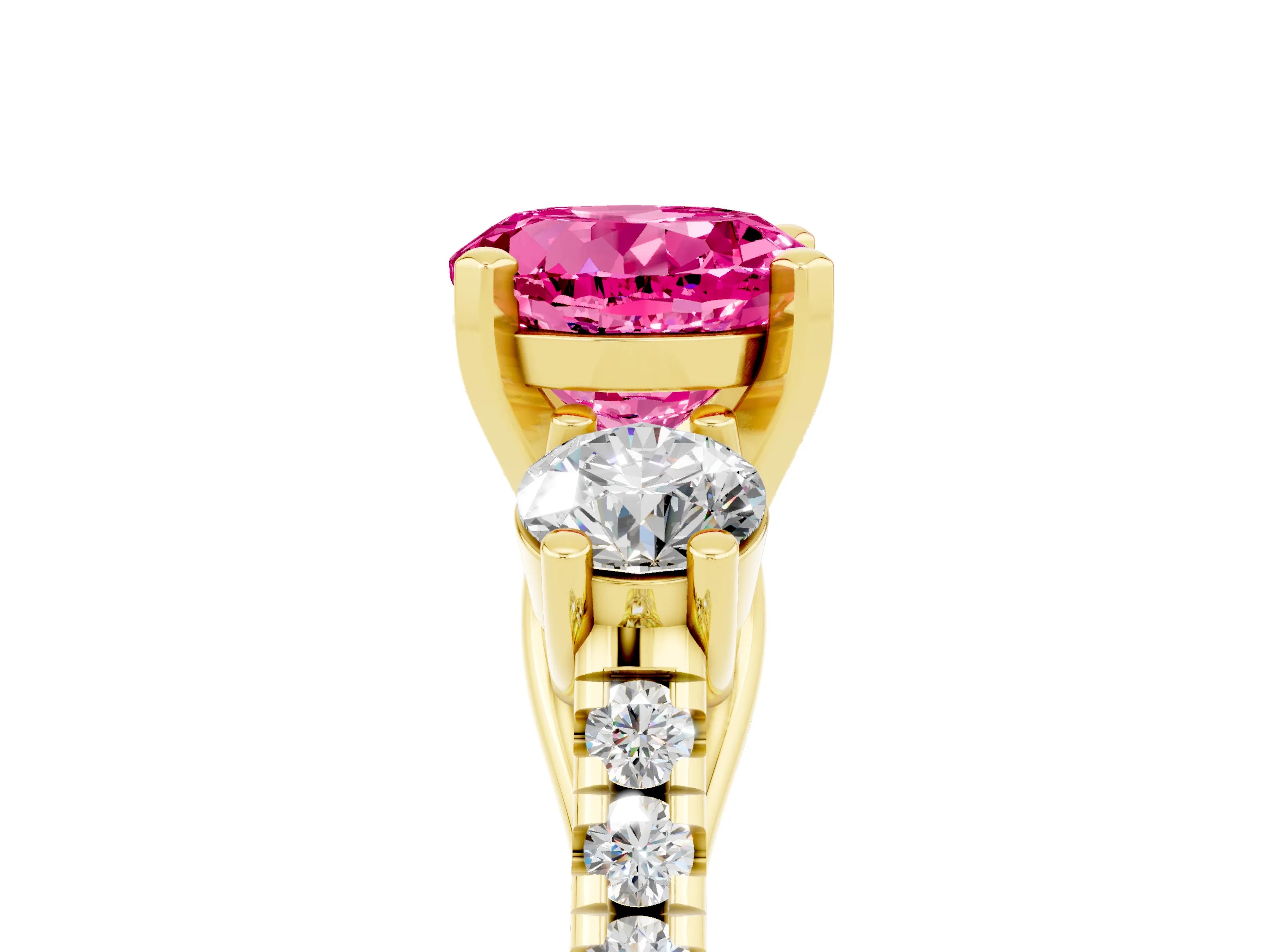 Yellow gold Three-Stone Round Cut Pink Sapphire Pavé Band with Four-Prong Setting_29