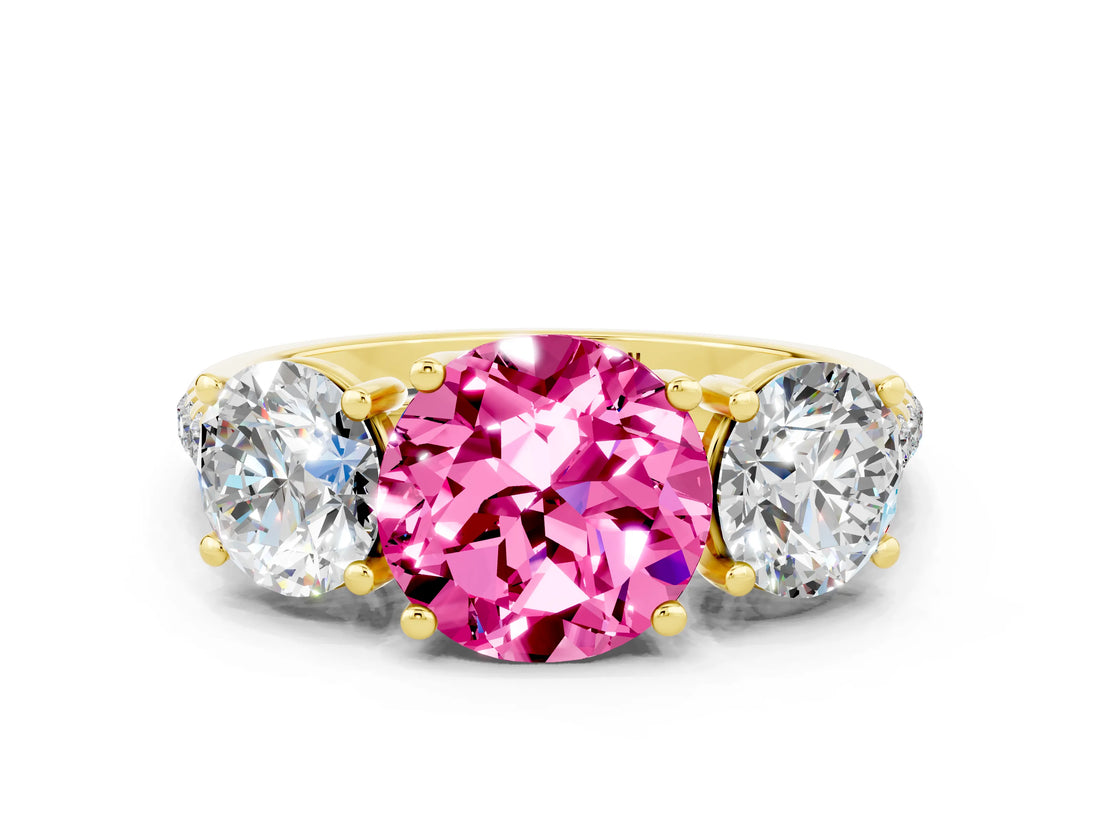 Yellow gold Three-Stone Round Cut Pink Sapphire Ring with Pavé Band and Prong Setting_36