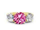 Yellow gold Three-Stone Round Cut Pink Sapphire Ring with Pavé Band and Prong Setting_36