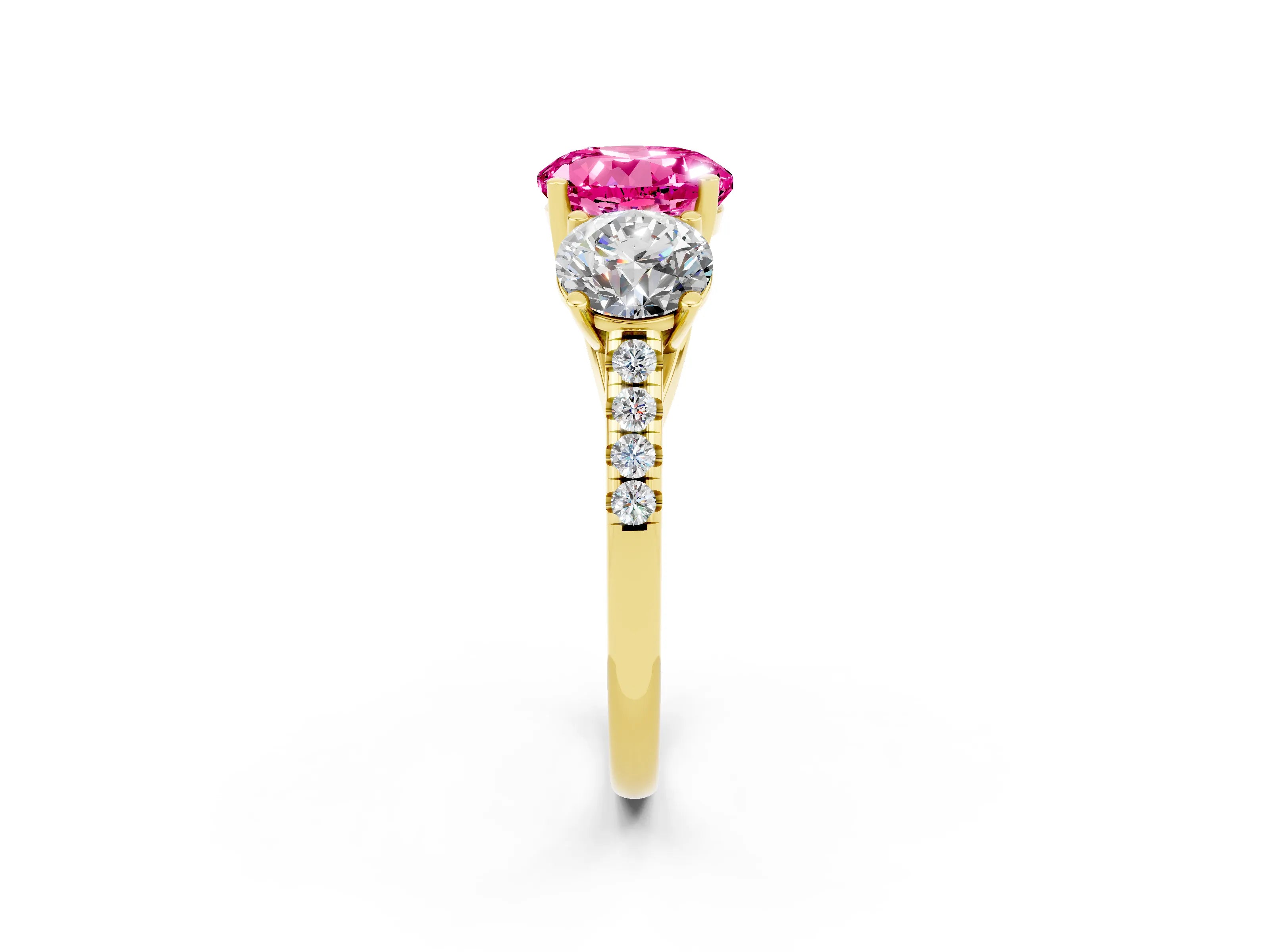 Yellow gold Three-Stone Round Cut Pink Sapphire Ring with Pavé Band and Prong Setting_38