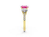 Yellow gold Three-Stone Round Cut Pink Sapphire Ring with Pavé Band and Prong Setting_38