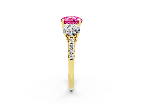 Yellow gold Three-Stone Round Cut Pink Sapphire Ring with Round  Pavé Band and Prong Setting