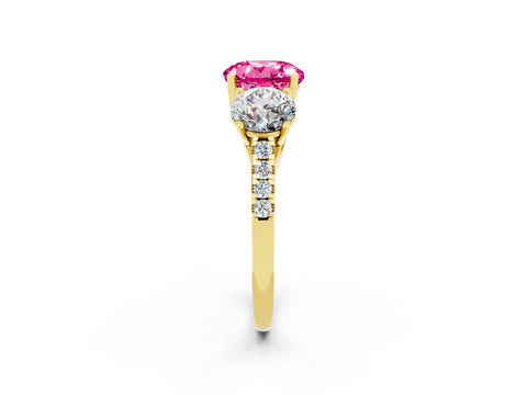 Yellow gold Three-Stone Round Cut Pink Sapphire Ring with Pavé Band and Prong Setting_38