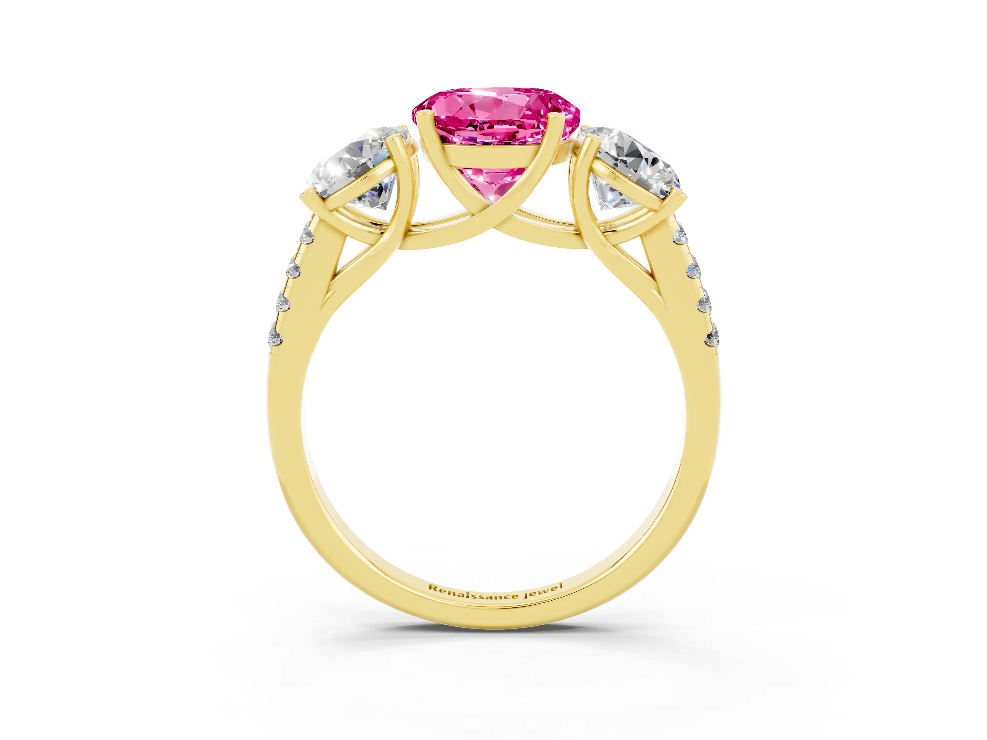 Yellow gold Three-Stone Round Cut Pink Sapphire Ring with Pavé Band and Prong Setting_39