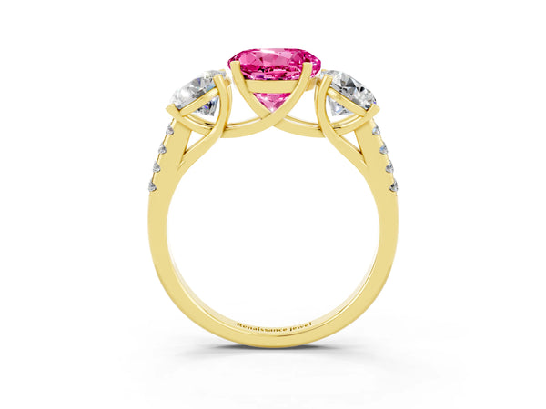 Yellow gold Three-Stone Round Cut Pink Sapphire Ring with Round  Pavé Band and Prong Setting