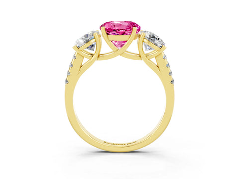 Yellow gold Three-Stone Round Cut Pink Sapphire Ring with Pavé Band and Prong Setting_39