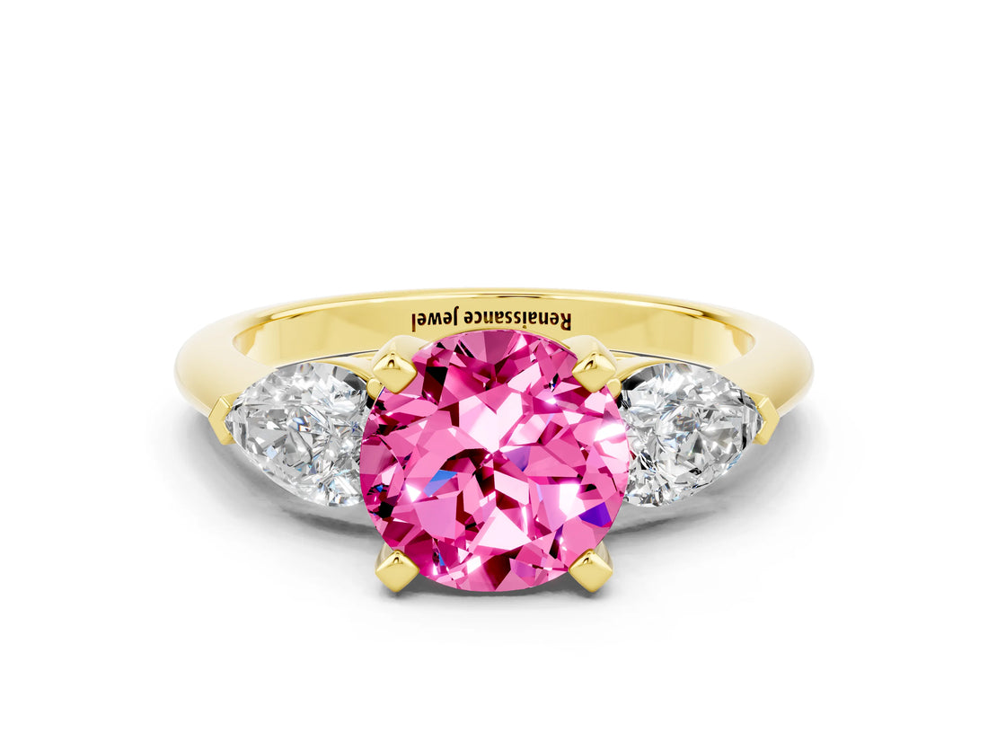Yellow gold Three-Stone Round Cut Pink Sapphire Ring with Pear Side Stones and Four-Prong Setting_24