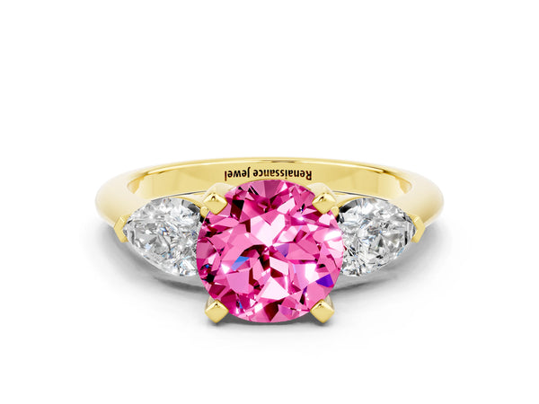 Yellow gold Three-Stone Round Cut Pink Sapphire Ring with Pear Side Stones and Four-Prong Setting