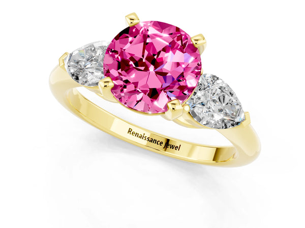 Yellow gold Three-Stone Round Cut Pink Sapphire Ring with Pear Side Stones and Four-Prong Setting