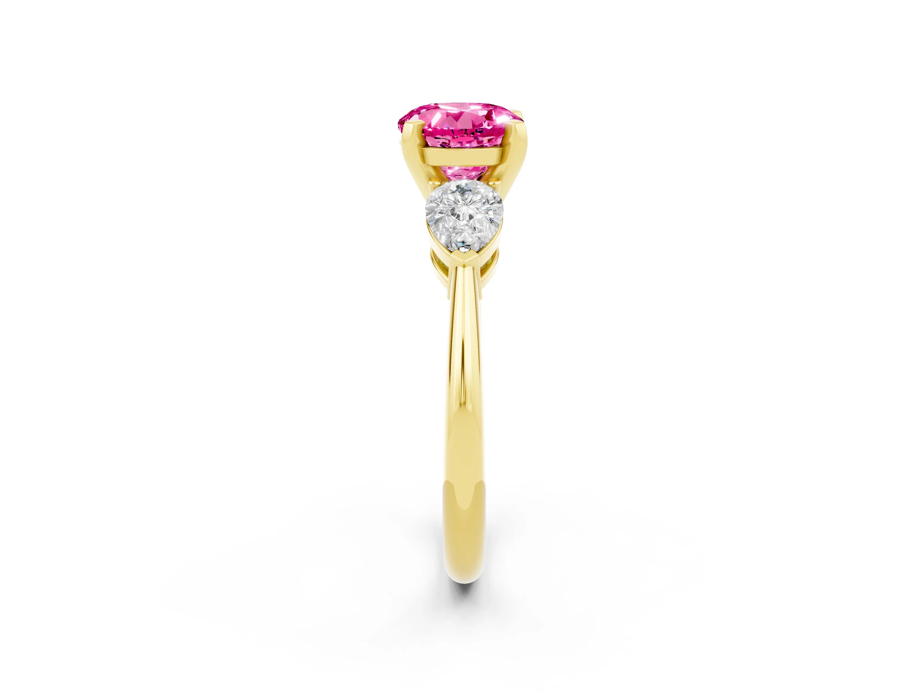 Yellow gold Three-Stone Round Cut Pink Sapphire Ring with Pear Side Stones and Four-Prong Setting_26