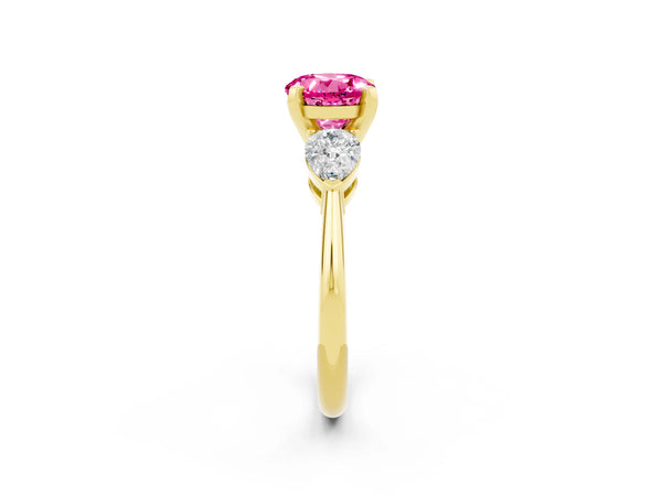 Yellow gold Three-Stone Round Cut Pink Sapphire Ring with Pear Side Stones and Four-Prong Setting