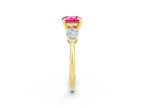 Yellow gold Three-Stone Round Cut Pink Sapphire Ring with Pear Side Stones and Four-Prong Setting_26