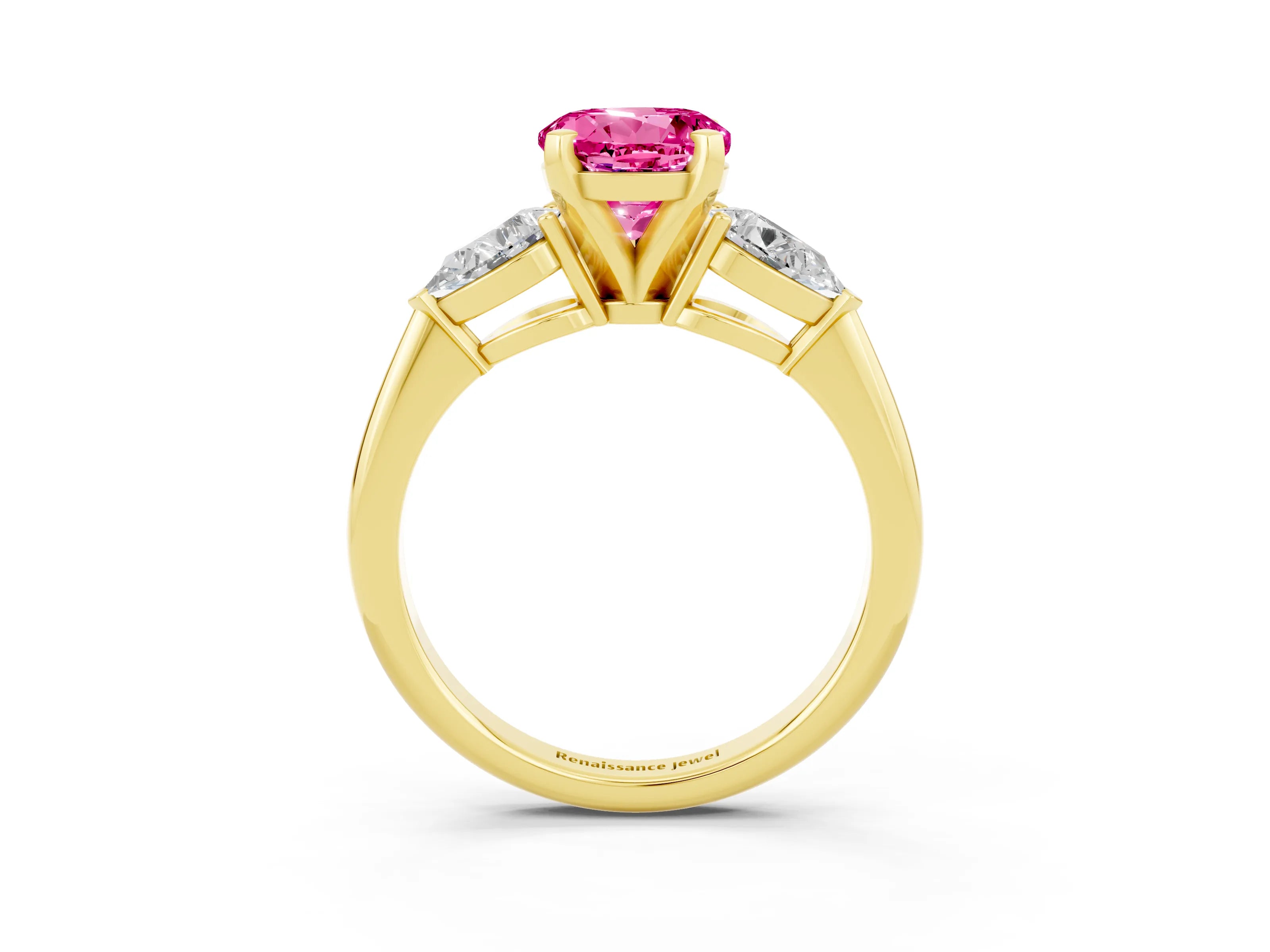 Yellow gold Three-Stone Round Cut Pink Sapphire Ring with Pear Side Stones and Four-Prong Setting_27