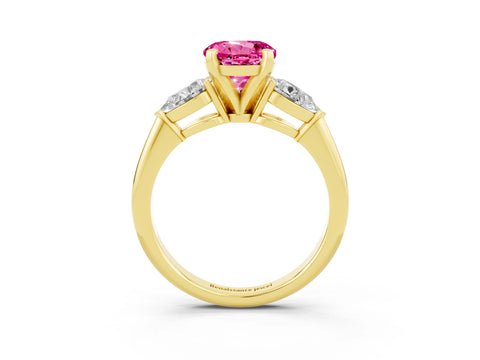 Yellow gold Three-Stone Round Cut Pink Sapphire Ring with Pear Side Stones and Four-Prong Setting_27
