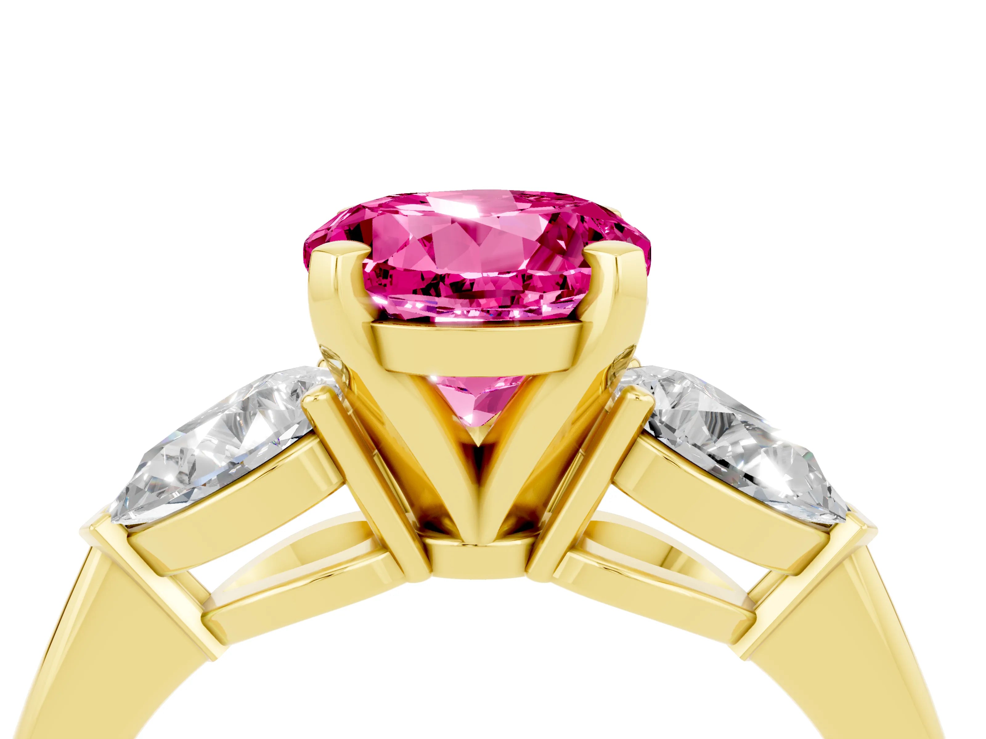 Yellow gold Three-Stone Round Cut Pink Sapphire Ring with Pear Side Stones and Four-Prong Setting_28