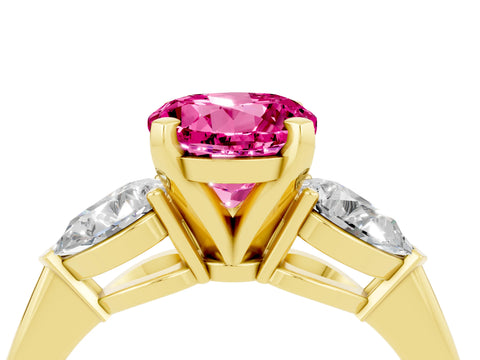 Yellow gold Three-Stone Round Cut Pink Sapphire Ring with Pear Side Stones and Four-Prong Setting_28