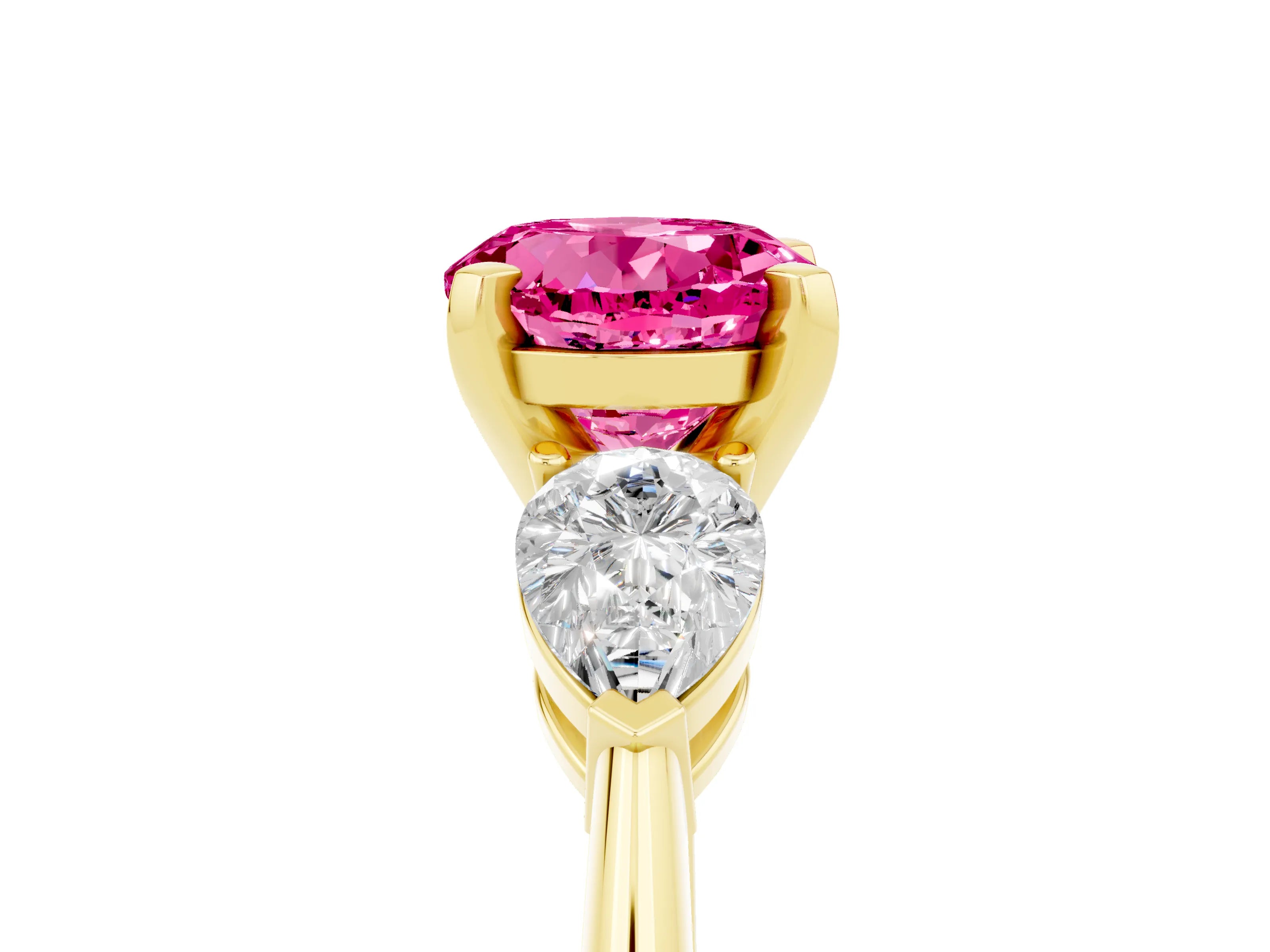 Yellow gold Three-Stone Round Cut Pink Sapphire Ring with Pear Side Stones and Four-Prong Setting_29