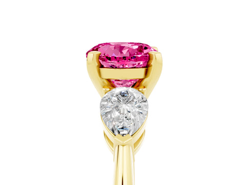 Yellow gold Three-Stone Round Cut Pink Sapphire Ring with Pear Side Stones and Four-Prong Setting_29