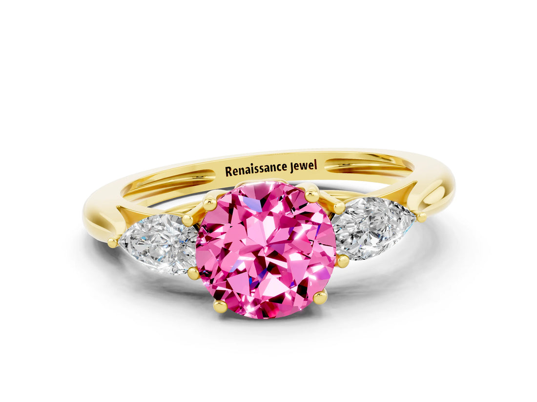 Yellow gold Three-Stone Round Cut Pink Sapphire Ring with Pear  Side Stones in Four-Prong Setting_12