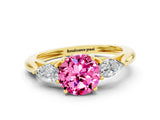 Yellow gold Three-Stone Round Cut Pink Sapphire Ring with Pear  Side Stones in Four-Prong Setting_12