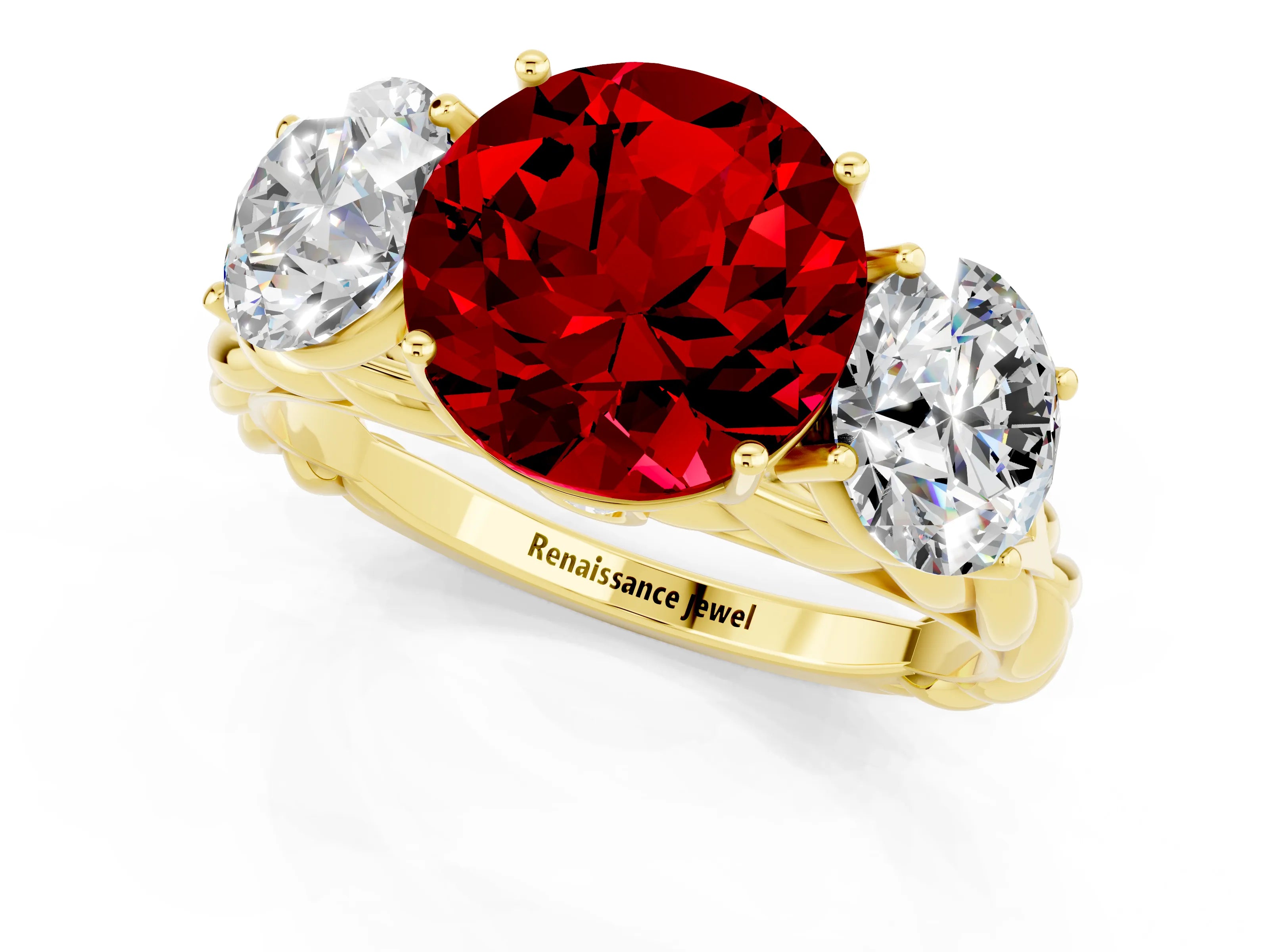 Yellow gold Three-Stone Round Cut Ruby Braided Band Ring with Four-Prong Setting_13