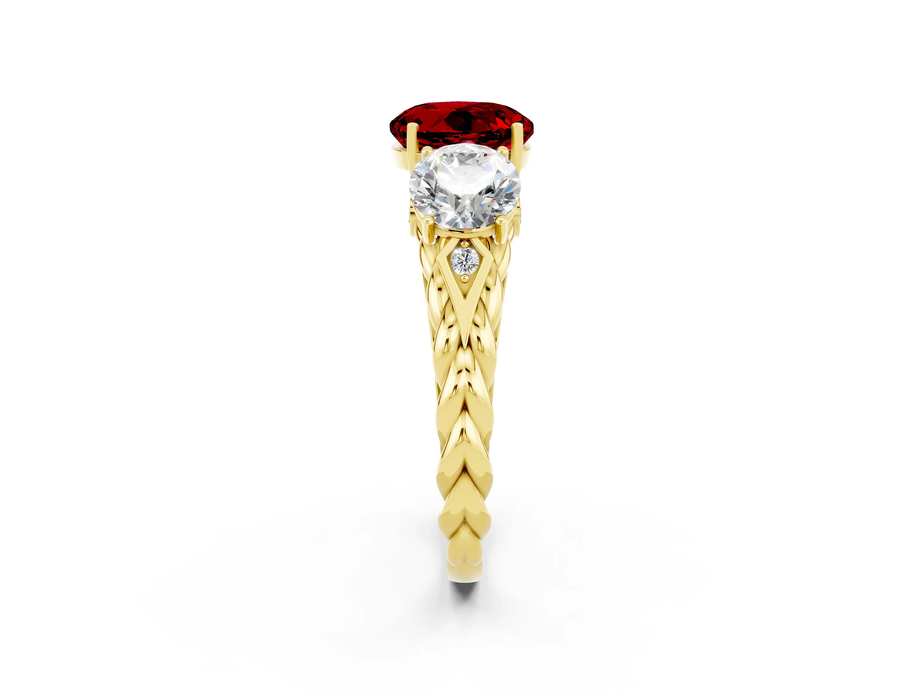 Yellow gold Three-Stone Round Cut Ruby Braided Band Ring with Four-Prong Setting_14