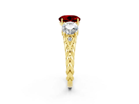 Yellow gold Three-Stone Round Cut Ruby Braided Band Ring with Four-Prong Setting_14