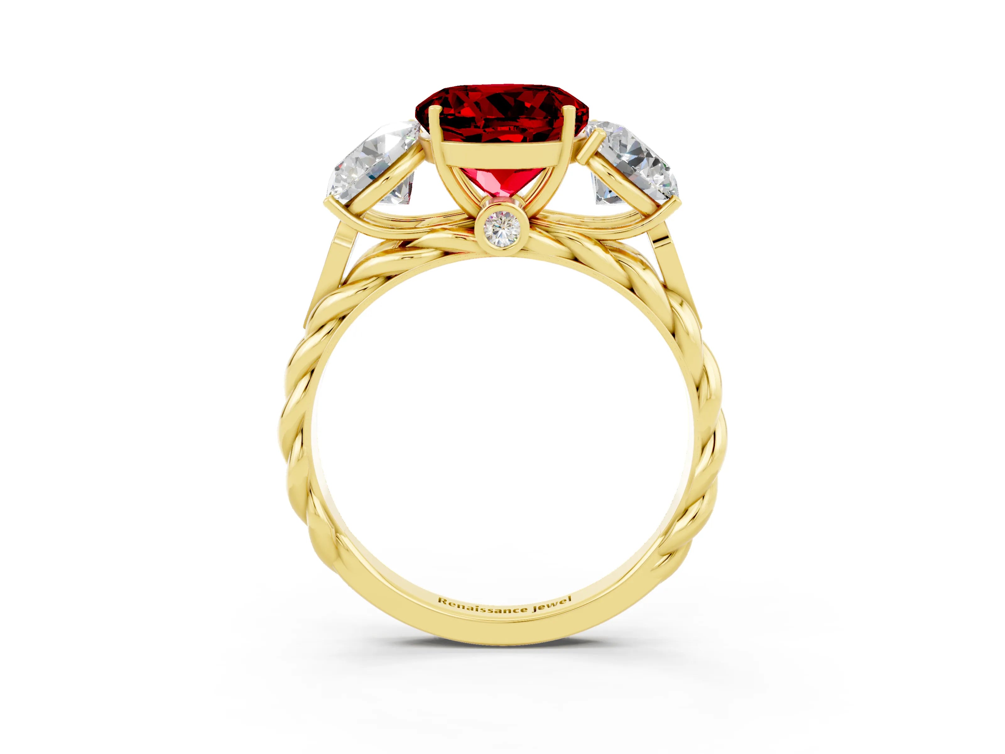Yellow gold Three-Stone Round Cut Ruby Braided Band Ring with Four-Prong Setting_15