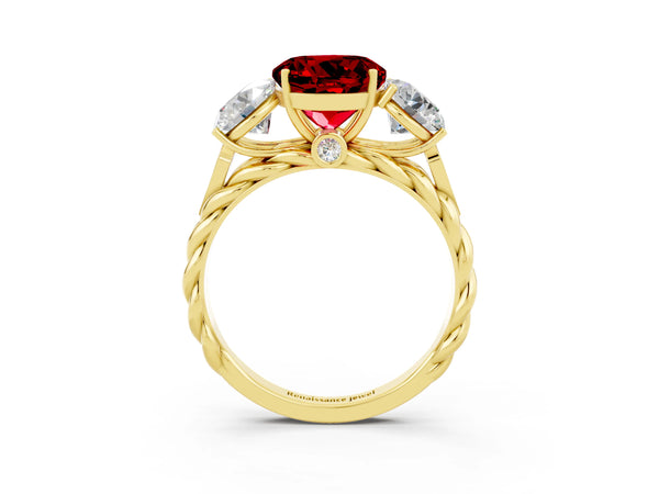 Yellow gold Three-Stone Round Cut Ruby Braided Band Ring with Four-Prong Setting