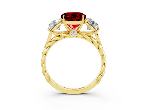 Yellow gold Three-Stone Round Cut Ruby Braided Band Ring with Four-Prong Setting_15