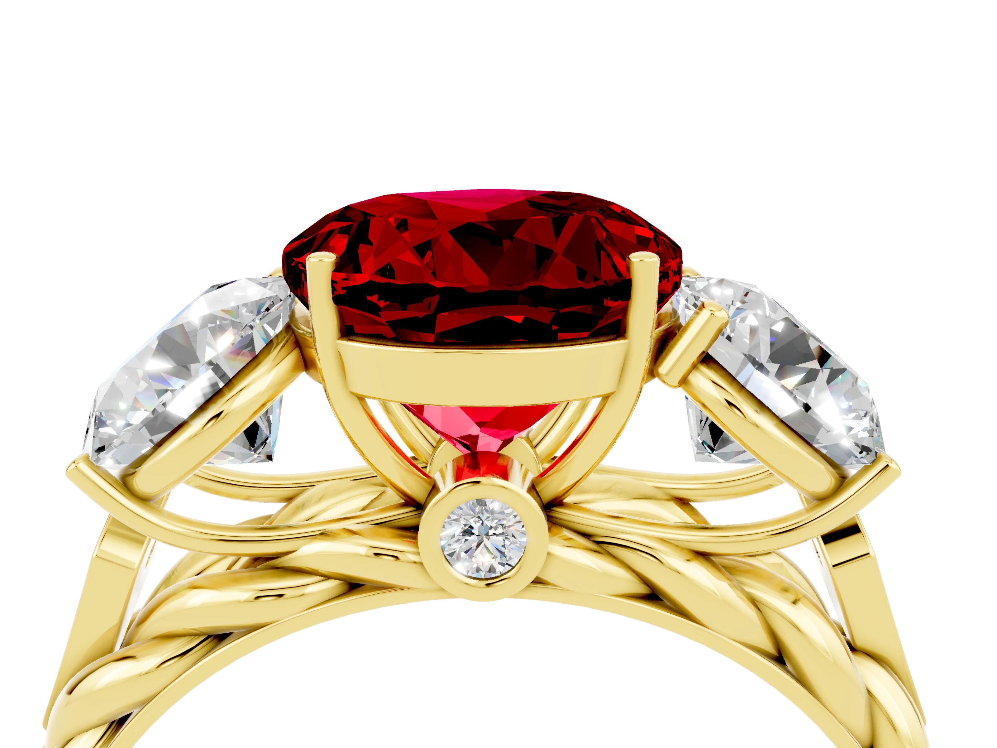 Yellow gold Three-Stone Round Cut Ruby Braided Band Ring with Four-Prong Setting_16