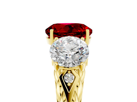 Yellow gold Three-Stone Round Cut Ruby Braided Band Ring with Four-Prong Setting_17