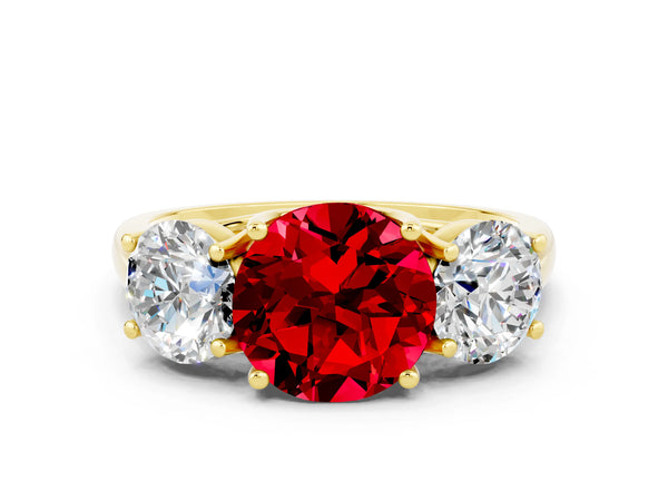 Yellow gold Three-Stone Round Cut Ruby Engagement Ring with Prong Setting