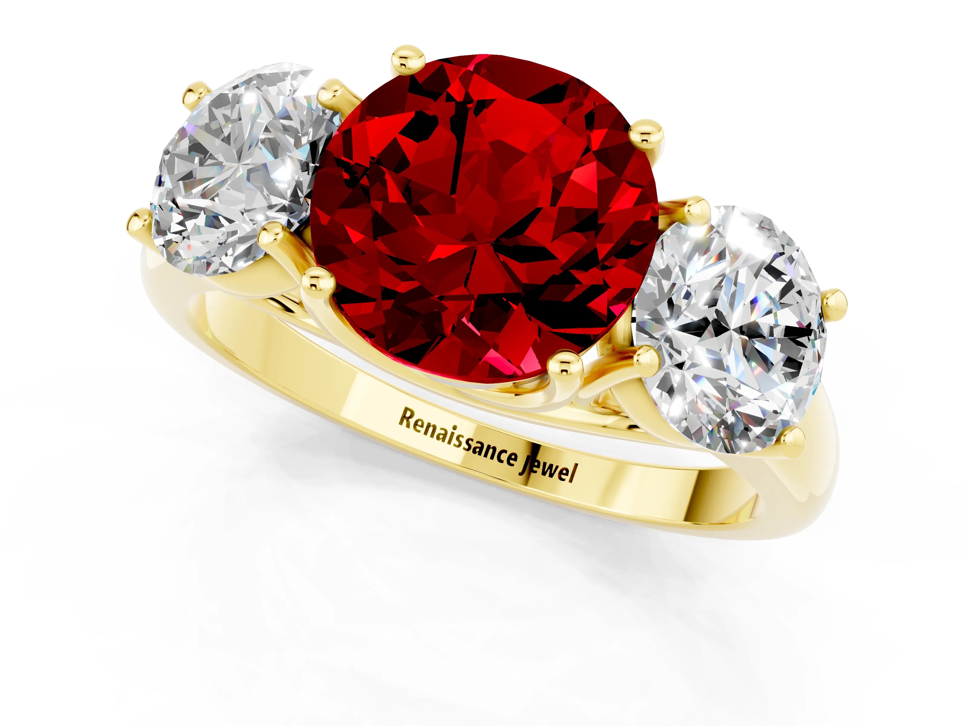 Yellow gold Three-Stone Round Cut Ruby Engagement Ring with Prong Setting_1