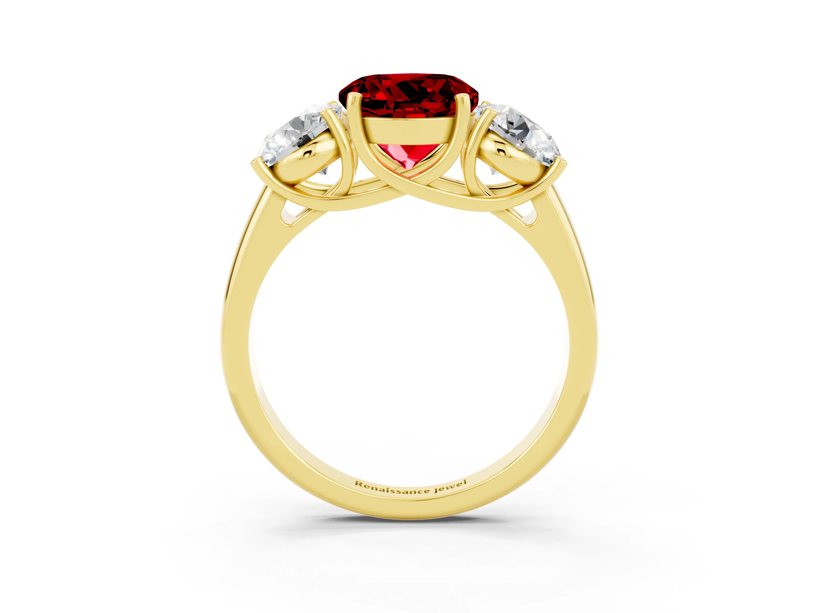 Yellow gold Three-Stone Round Cut Ruby Engagement Ring with Prong Setting_3