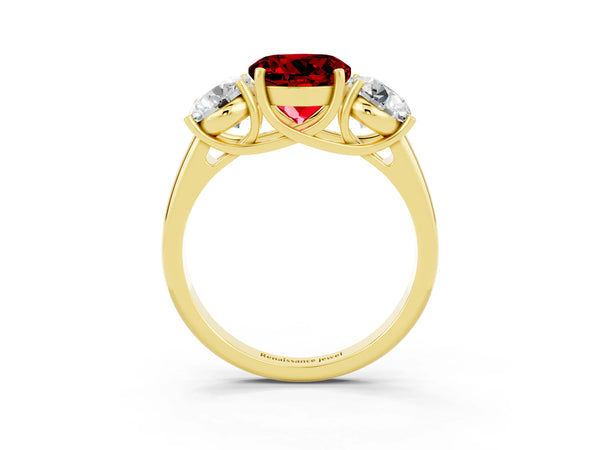 Yellow gold Three-Stone Round Cut Ruby Engagement Ring with Prong Setting
