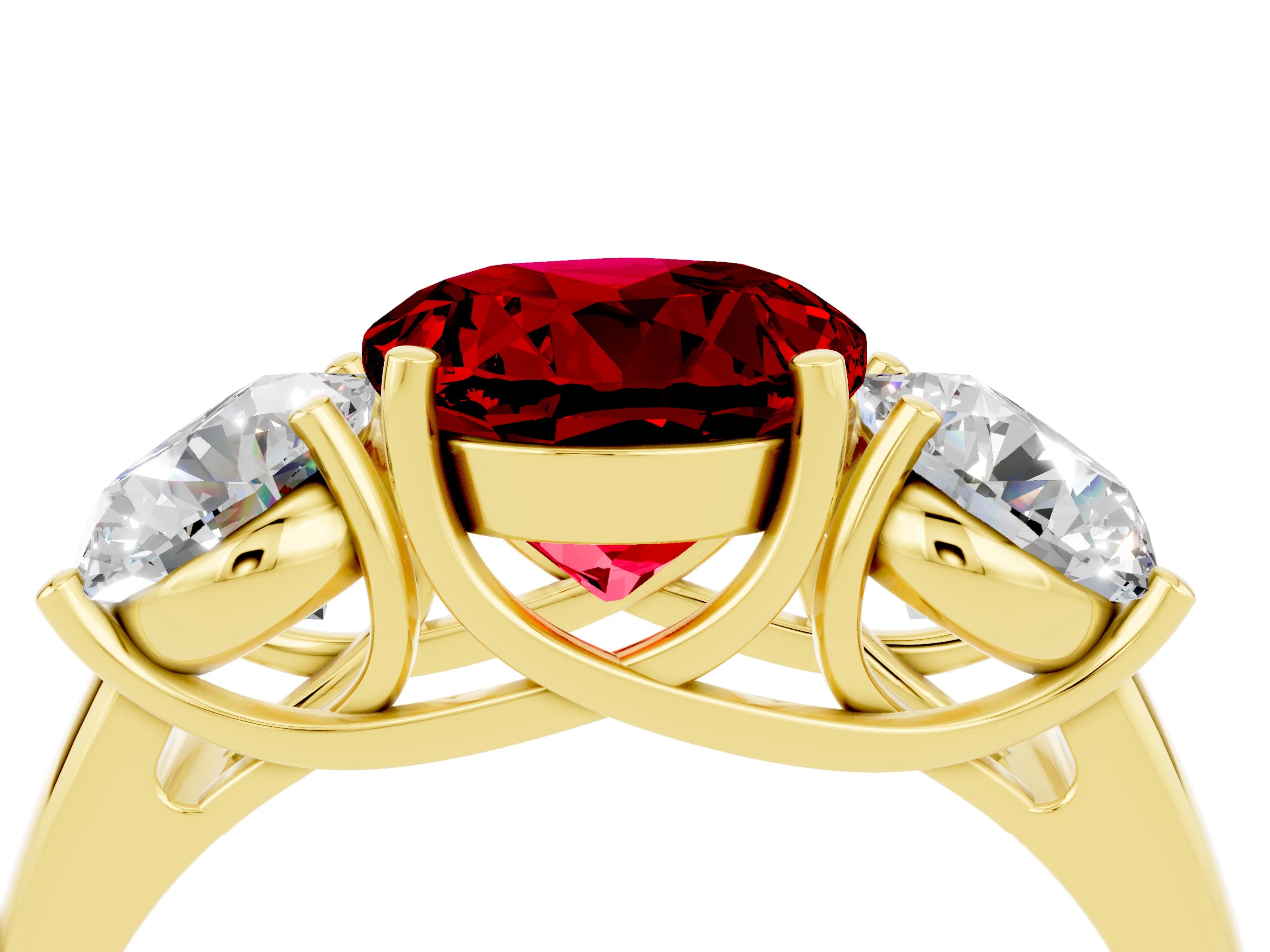 Yellow gold Three-Stone Round Cut Ruby Engagement Ring with Prong Setting_4