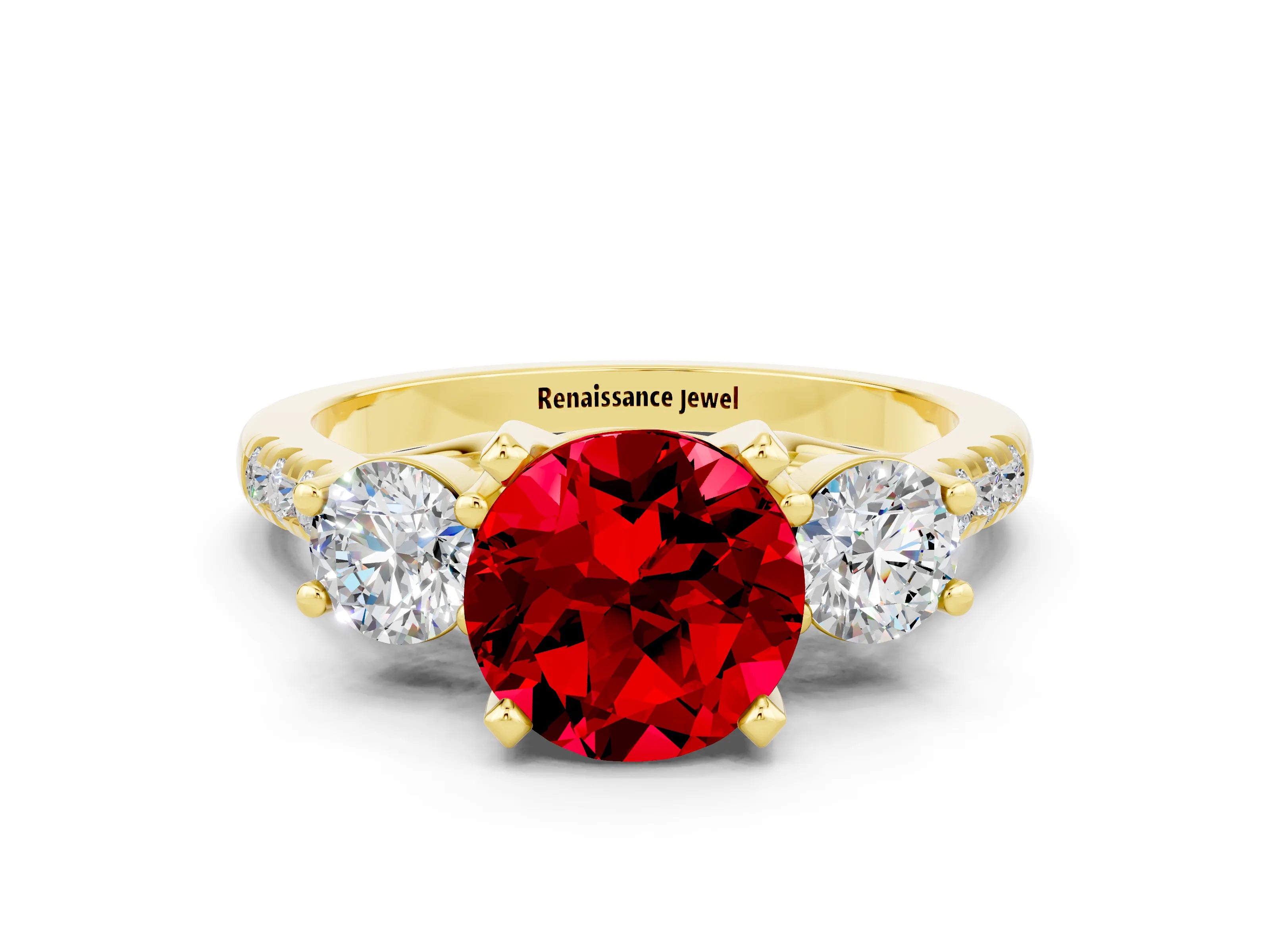 Yellow gold Three-Stone Round Cut Ruby Pavé Band with Four-Prong Setting