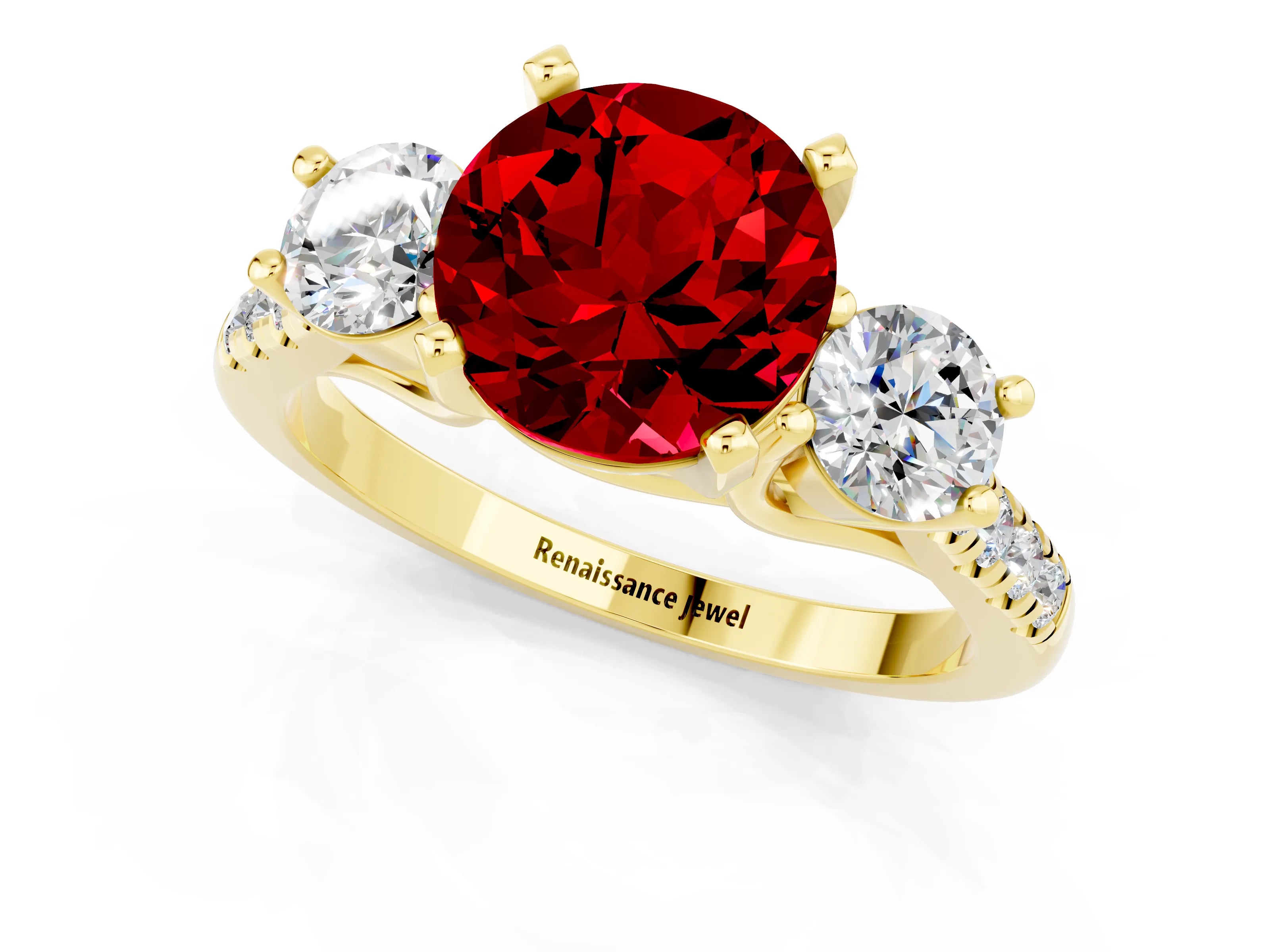 Yellow gold Three-Stone Round Cut Ruby Pavé Band with Four-Prong Setting_1