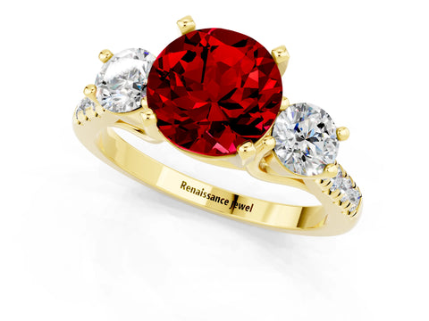 Yellow gold Three-Stone Round Cut Ruby Pavé Band with Four-Prong Setting_1