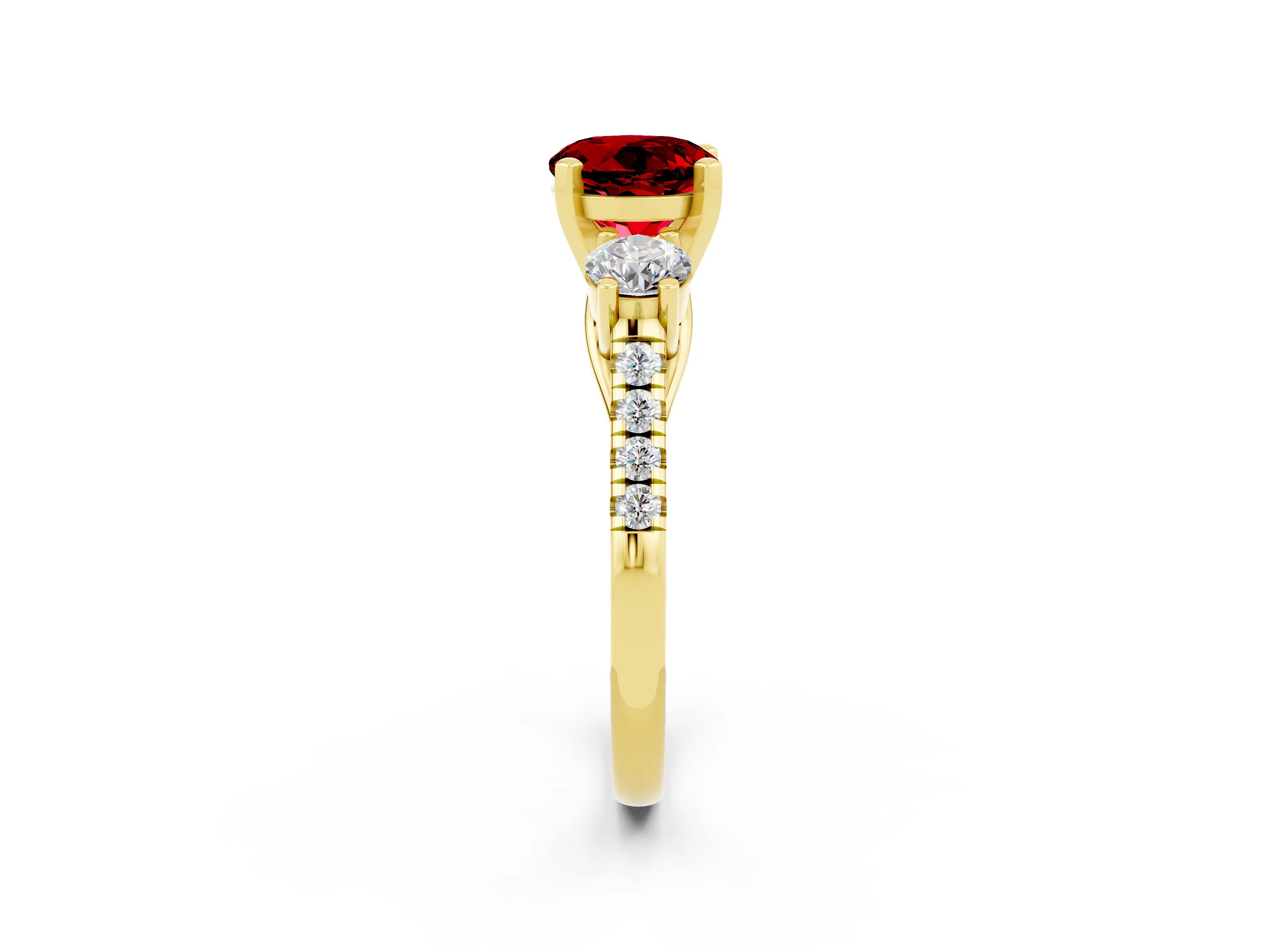 Yellow gold Three-Stone Round Cut Ruby Pavé Band with Four-Prong Setting_2