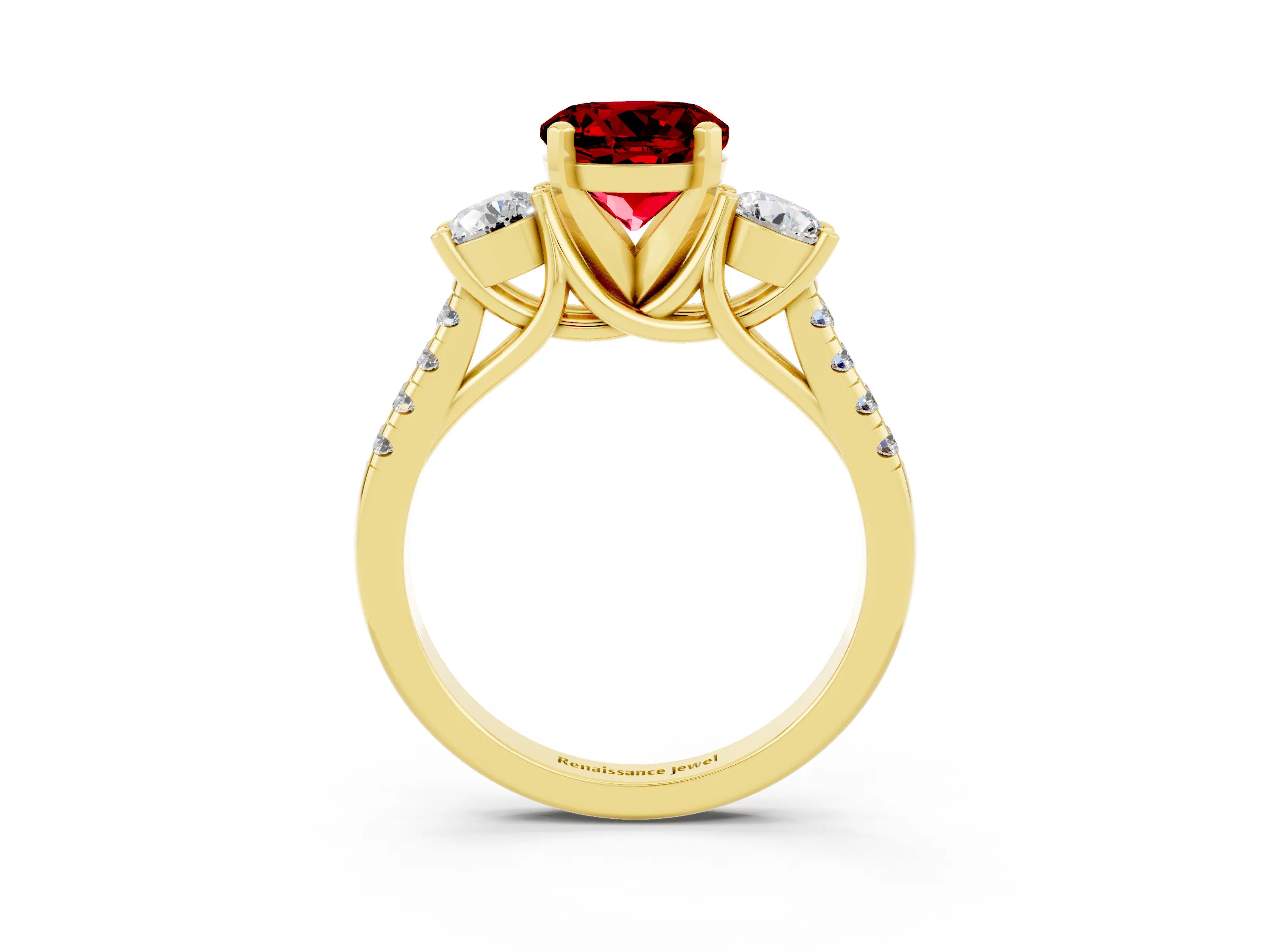 Yellow gold Three-Stone Round Cut Ruby Pavé Band with Four-Prong Setting_3