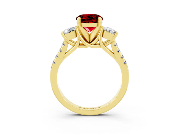 Yellow gold Three-Stone Round Cut Ruby Pavé Band with Four-Prong Setting