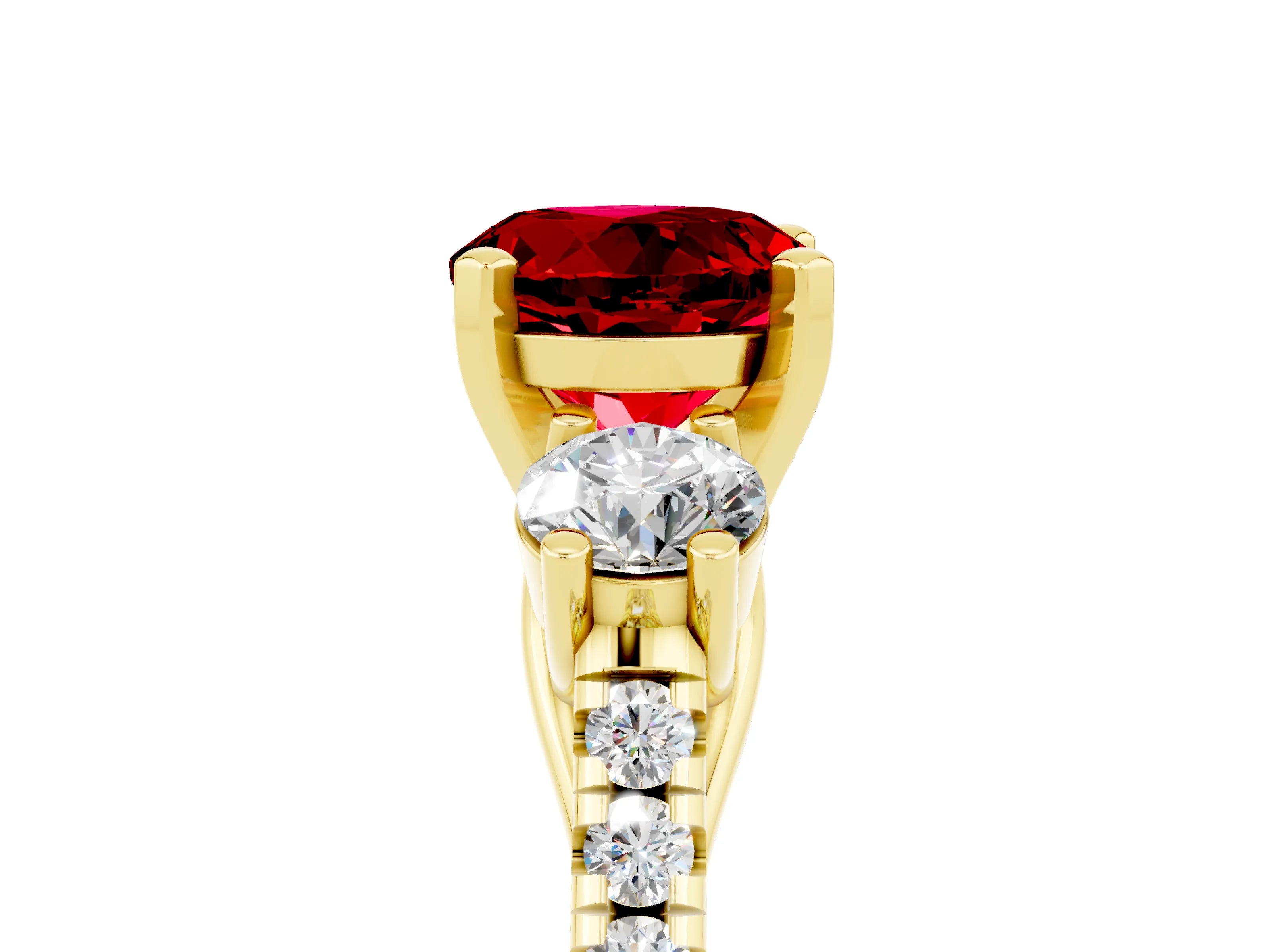 Yellow gold Three-Stone Round Cut Ruby Pavé Band with Four-Prong Setting_5
