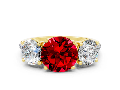 Yellow gold Three-Stone Round Cut Ruby Ring with Pavé Band and Prong Setting_12