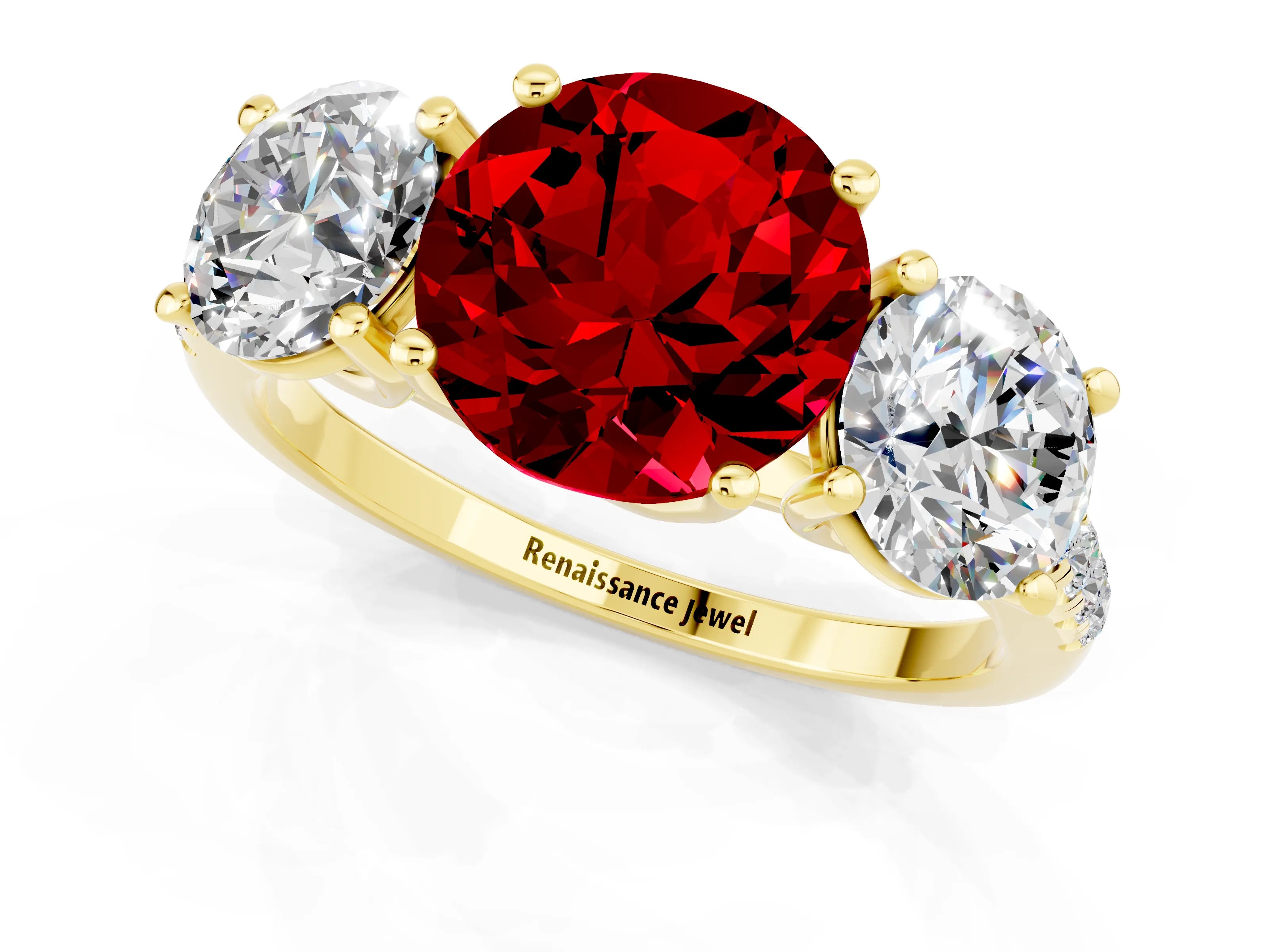 Yellow gold Three-Stone Round Cut Ruby Ring with Pavé Band and Prong Setting_13