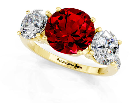 Yellow gold Three-Stone Round Cut Ruby Ring with Pavé Band and Prong Setting_13