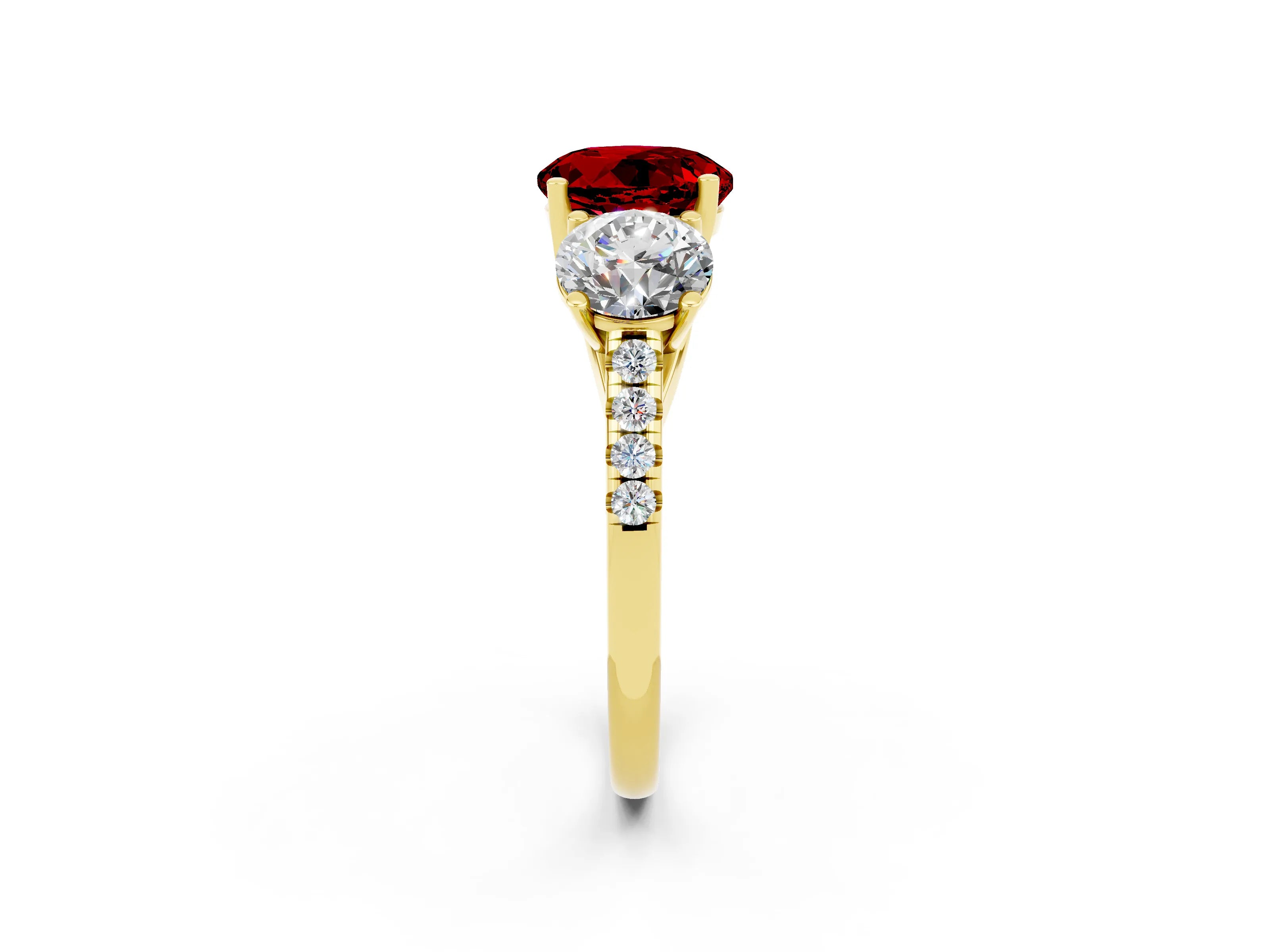Yellow gold Three-Stone Round Cut Ruby Ring with Pavé Band and Prong Setting_14