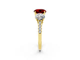 Yellow gold Three-Stone Round Cut Ruby Ring with Pavé Band and Prong Setting_14